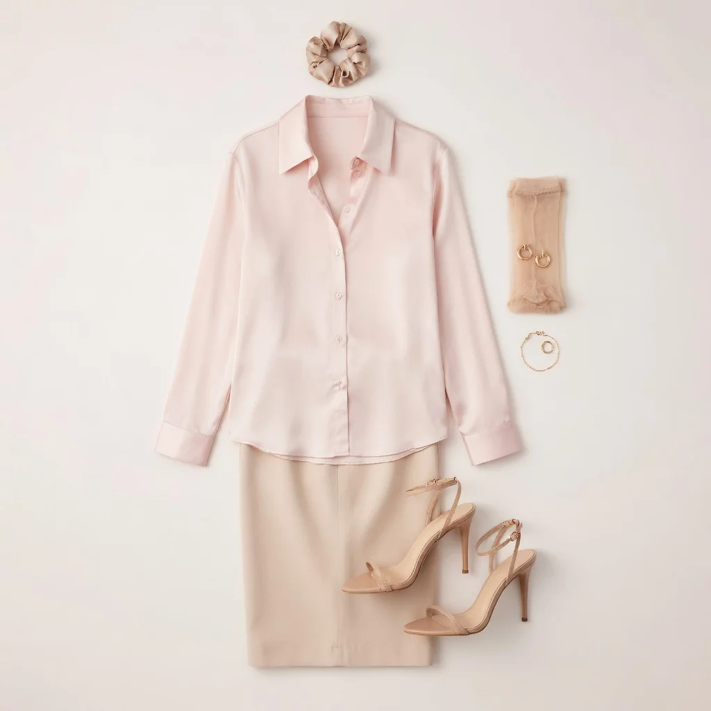Pale Pink Blouse & Beige Pencil Skirt 50