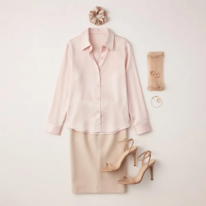 Pale Pink Blouse & Beige Pencil Skirt 50