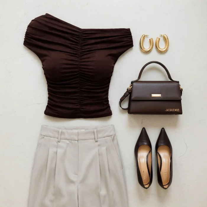 Elegant Ruched Top with Wide-Leg Trousers