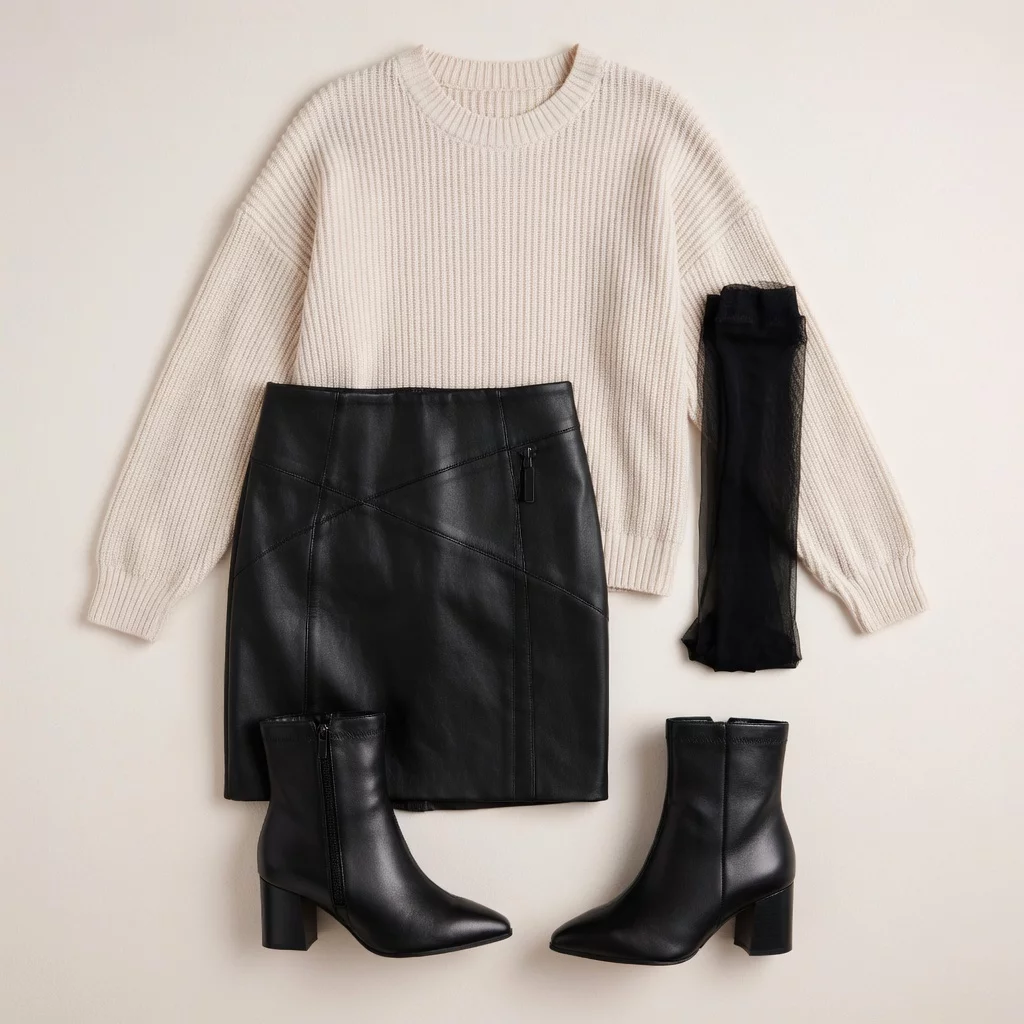 Cream Knit Sweater with Black Leather Mini Skirt 40