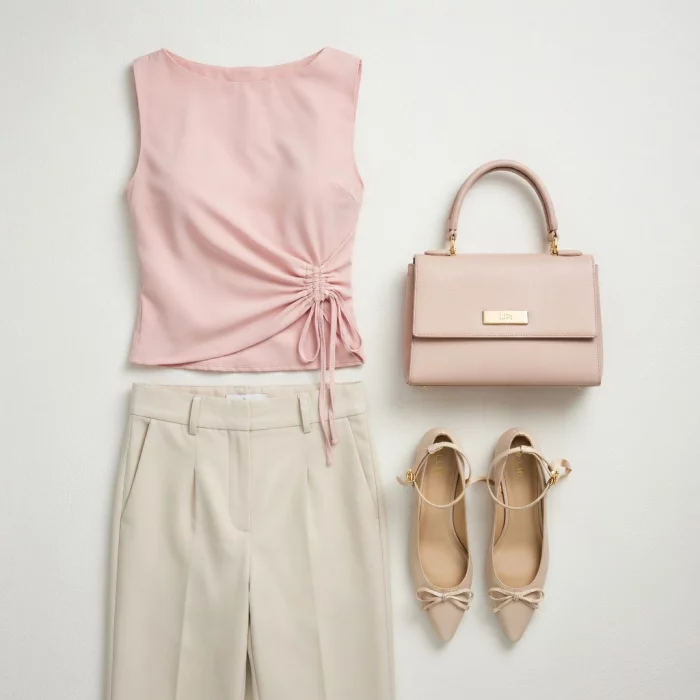 Top envelopante rosa blush com calças wide leg creme 20