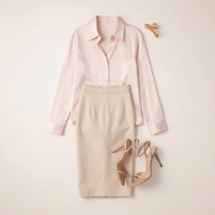 Pale Pink Blouse & Beige Pencil Skirt 30