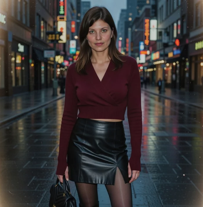 Suéter wrap bordô com saia mini de couro 15