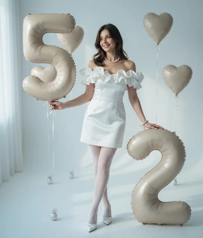 White Off-Shoulder Ruffle Mini Dress with Heels 7