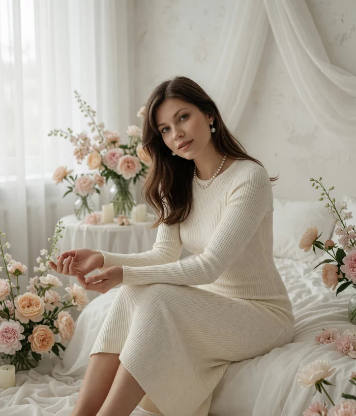 Cream Ribbed Knit Midi Dress 24