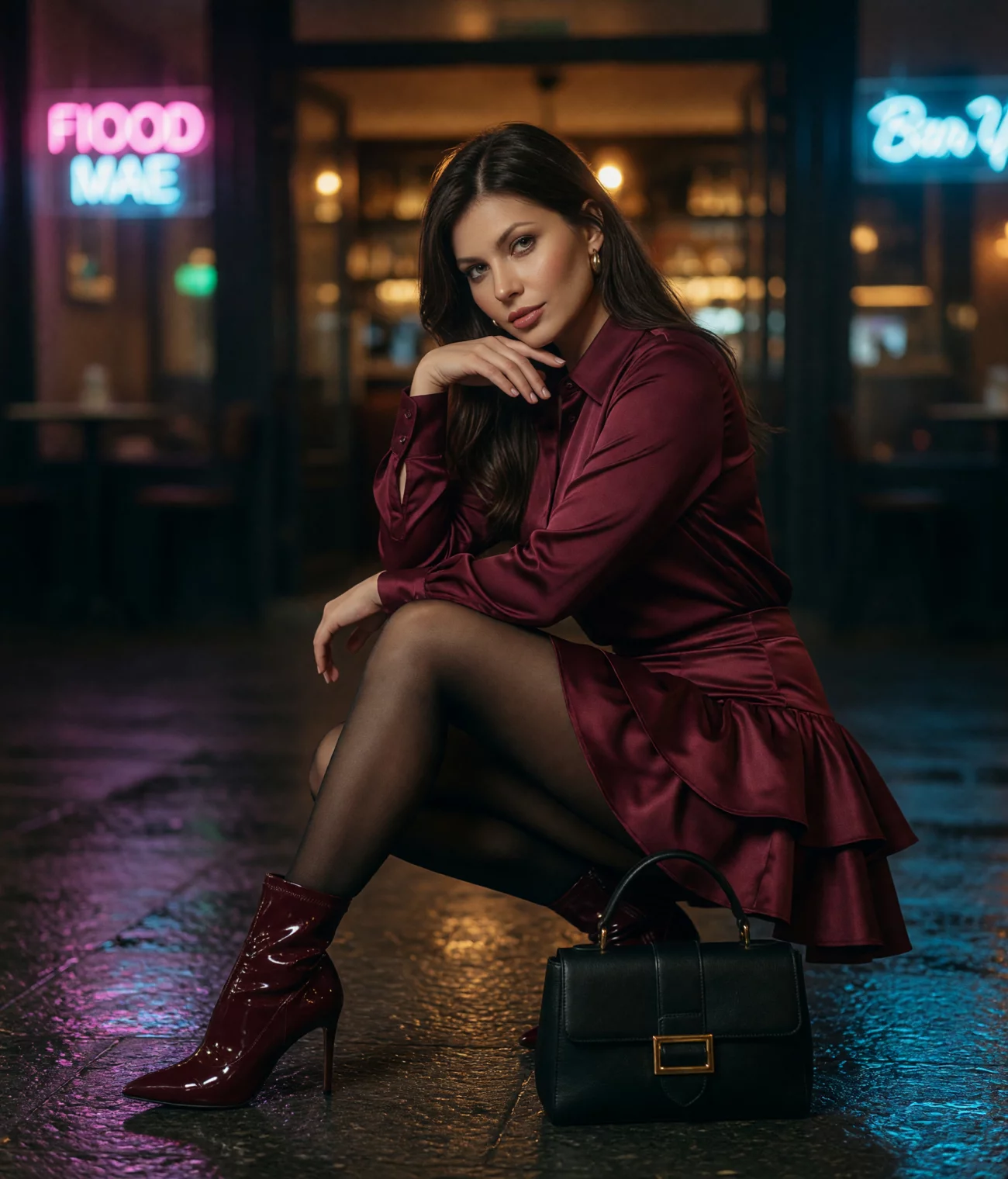 Romantic Burgundy Satin Ruffle Look 20