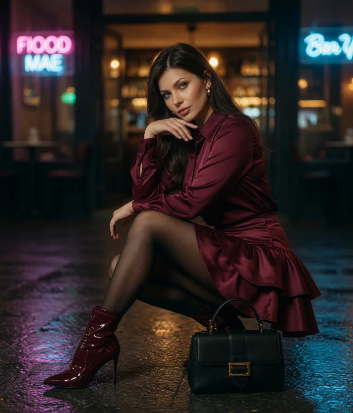 Romantic Burgundy Satin Ruffle Look 20