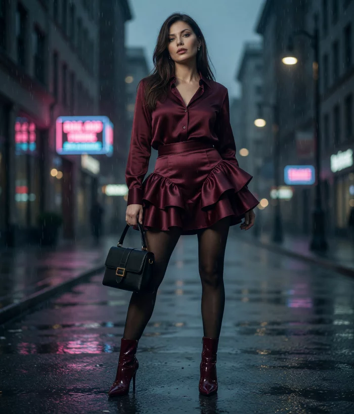 Romantic Burgundy Satin Ruffle Look 27