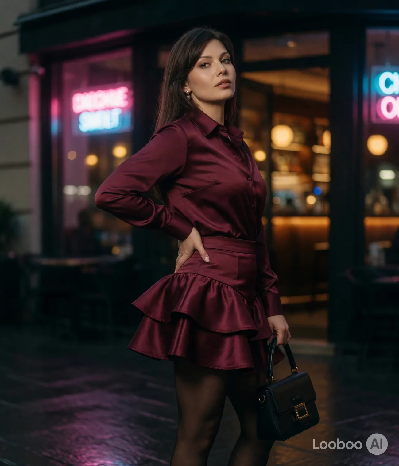 Romantic Burgundy Satin Ruffle Look 35