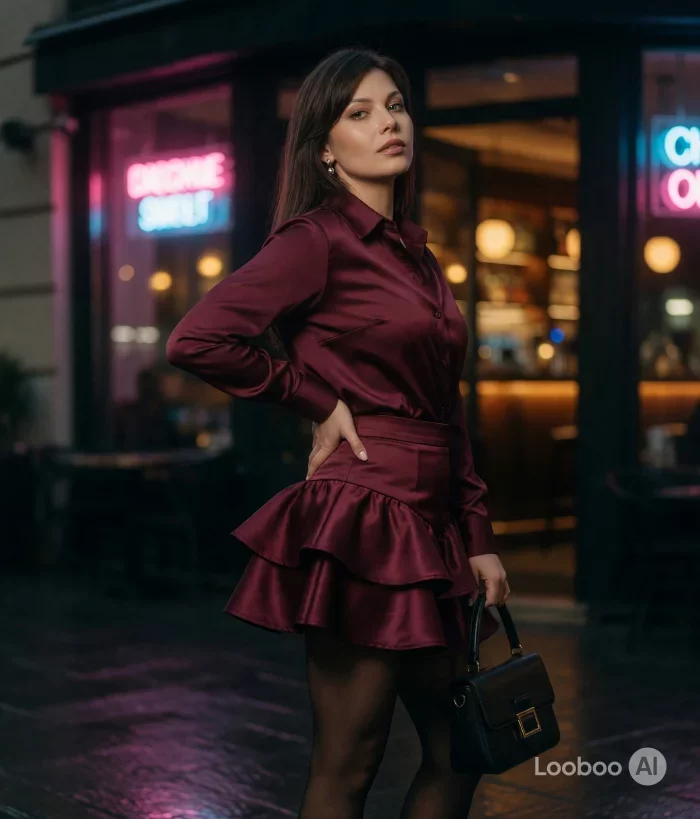 Romantic Burgundy Satin Ruffle Look 35