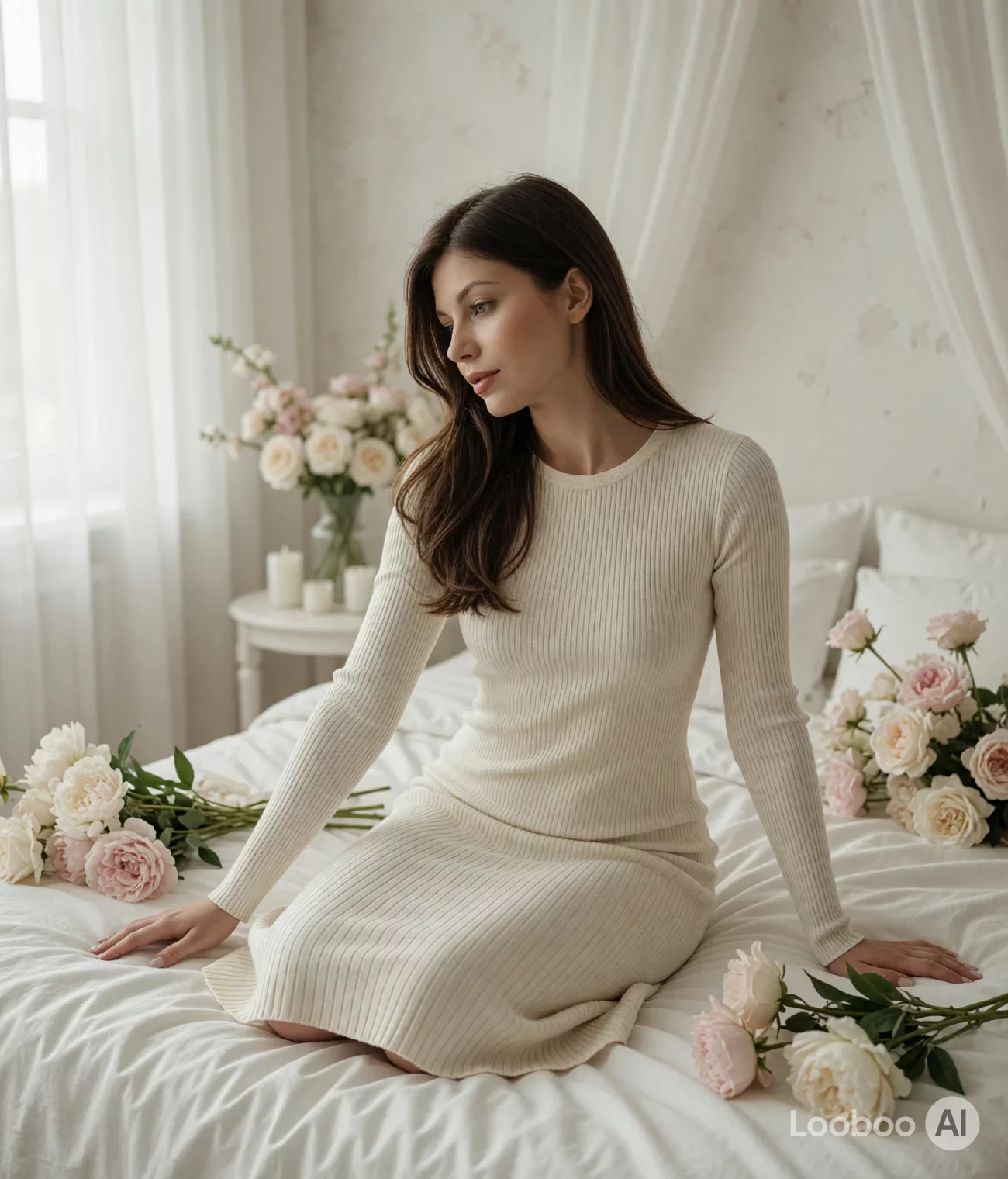 Cream Ribbed Knit Midi Dress 19