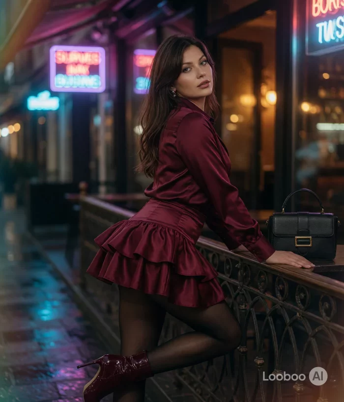 Romantic Burgundy Satin Ruffle Look 31