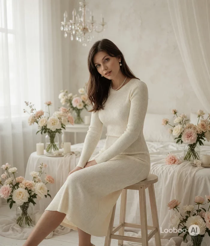 Cream Ribbed Knit Midi Dress 22