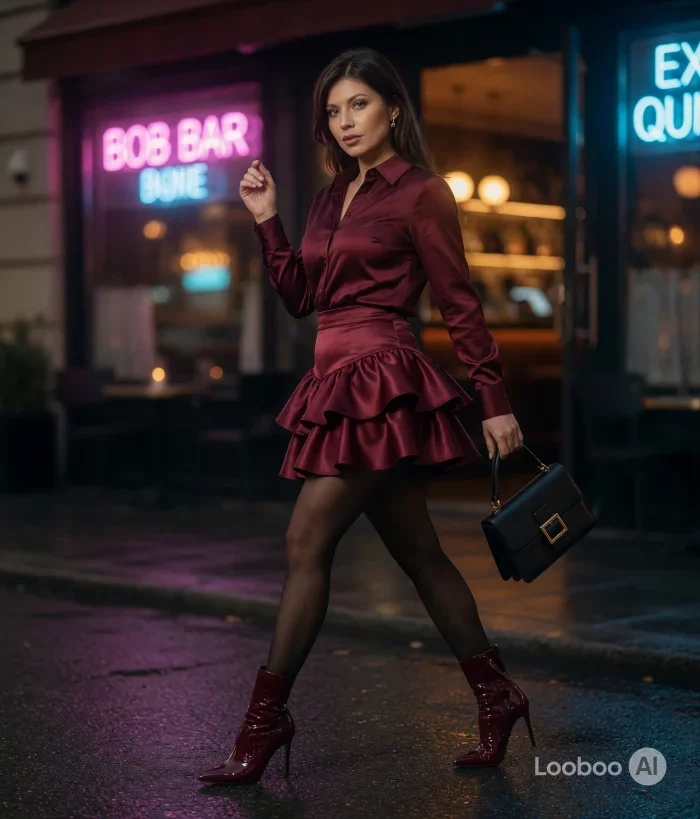 Romantic Burgundy Satin Ruffle Look 30
