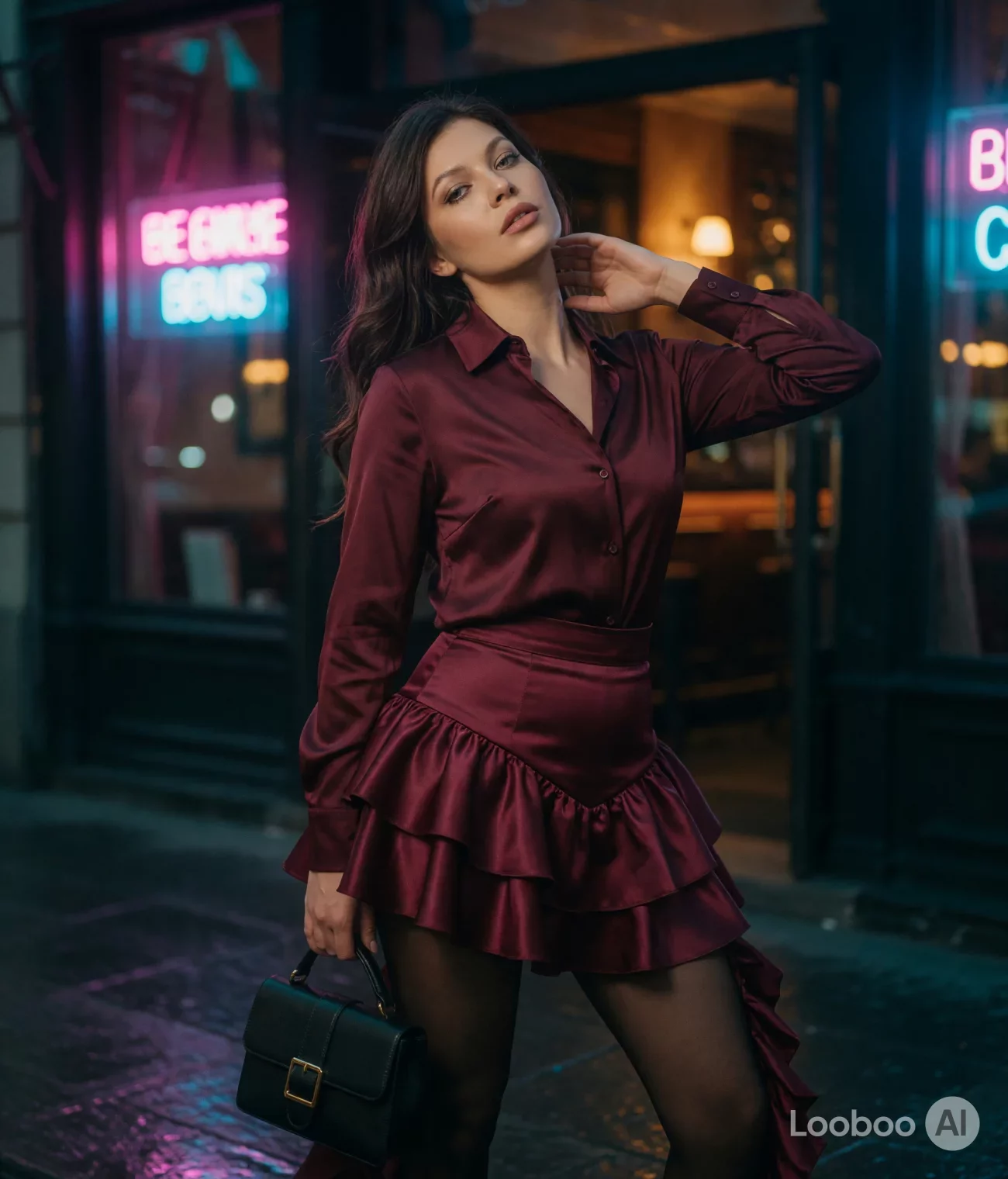 Romantic Burgundy Satin Ruffle Look 33