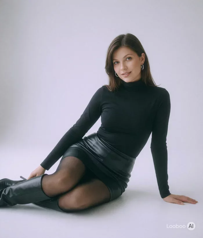 올블랙 터틀넥 레더 미니스커트 룩 5
