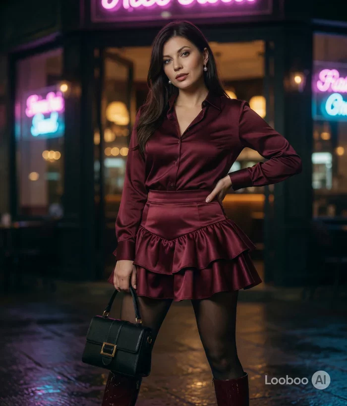 Romantic Burgundy Satin Ruffle Look 36