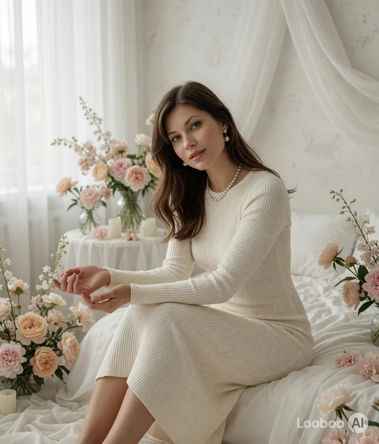 Cream Ribbed Knit Midi Dress 24